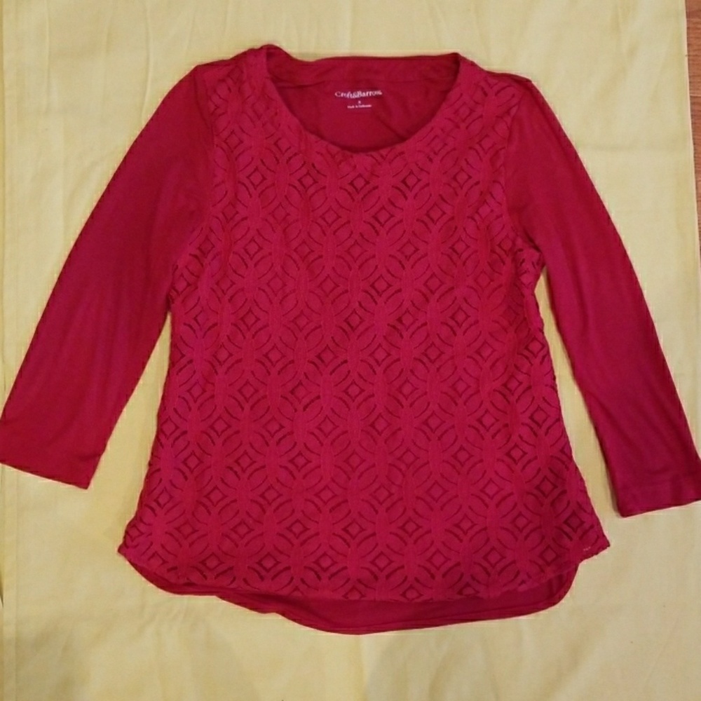 Red lace pattern scoop neck 3/4 tunic